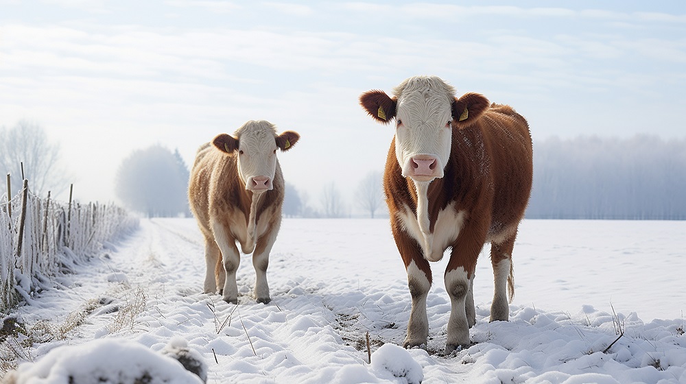 Two hereford cattle standing in a snow-covered field