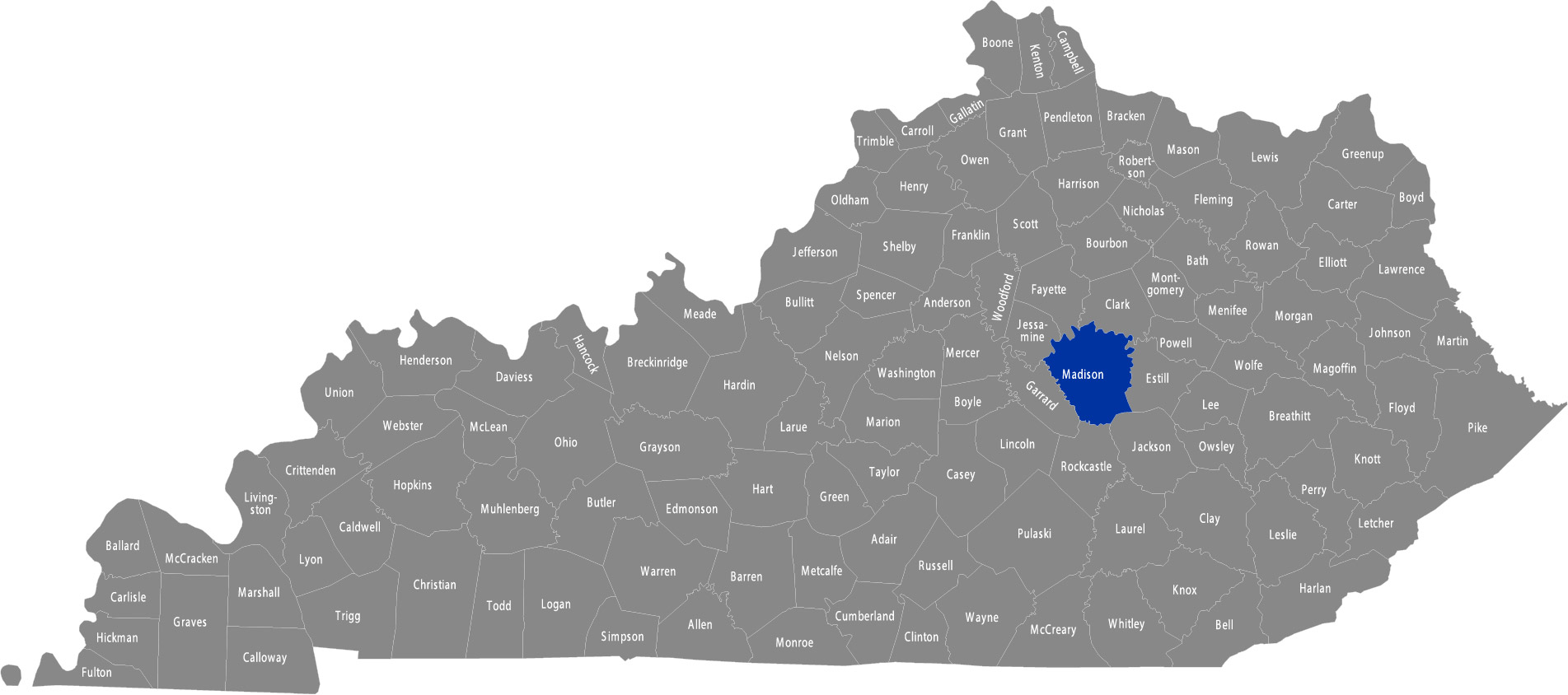 State of Kentucky map with Madison County highlighted
