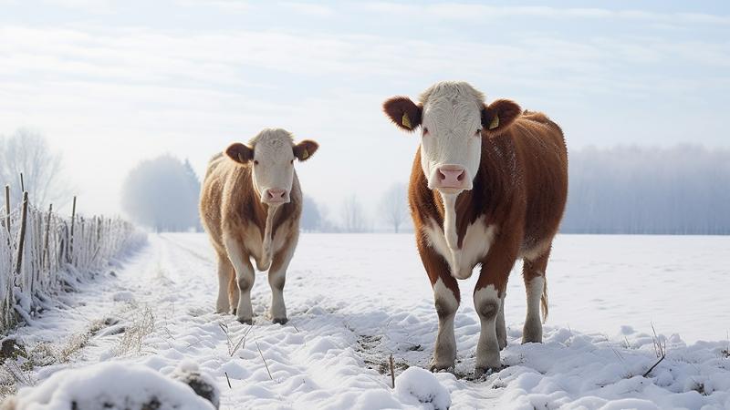Two hereford cattle standing in a snow-covered field